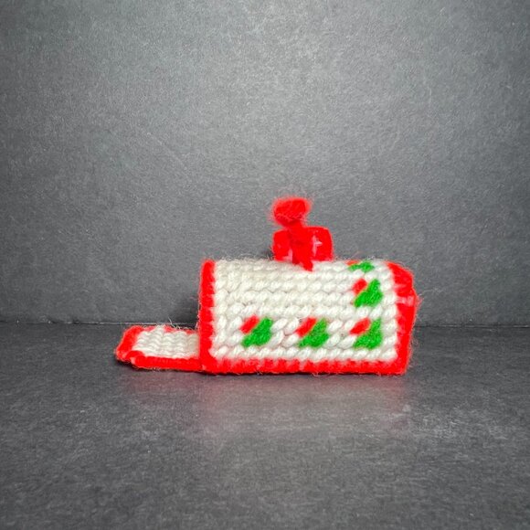 VTG Handmade Red, White & Green Holly Cross Stitch Mailbox Christmas Ornament - Picture 3 of 6